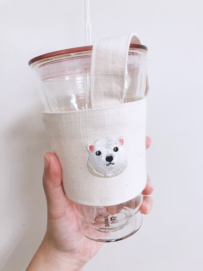 【小熊比比】白熊刺繡米白飲料杯袋 杯套