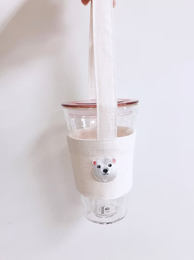 【小熊比比】白熊刺繡米白飲料杯袋 杯套