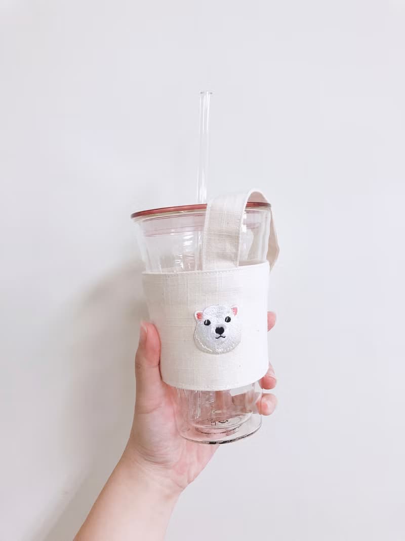 【小熊比比】白熊刺繡米白飲料杯袋 杯套