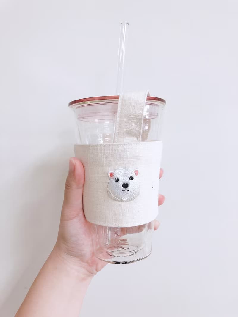 【小熊比比】白熊刺繡米白飲料杯袋 杯套