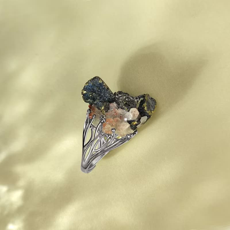 紅水晶共生黃銅礦活口戒指 隨形原石標本晶簇晶柱手工指環 S925銀