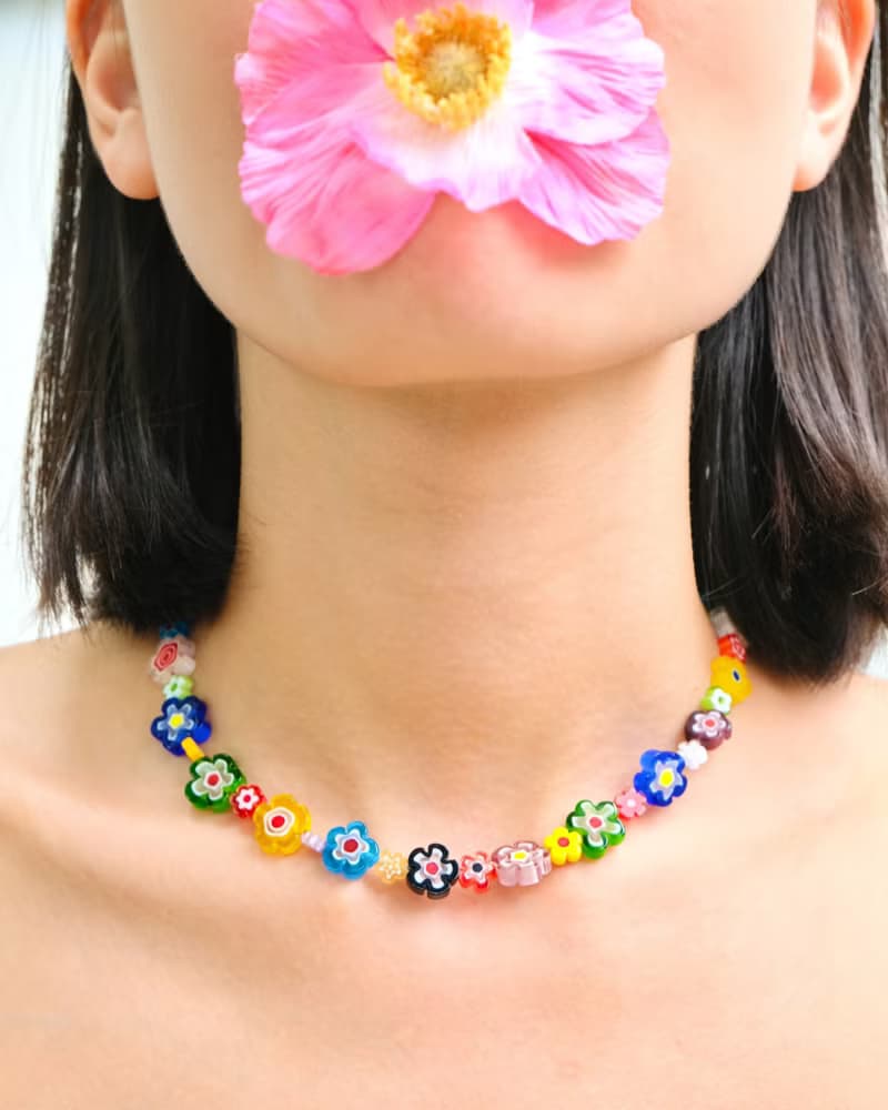 Necklace Posy • Millefiori Flower Beads •  Beaded Jewelry • Flower Chain