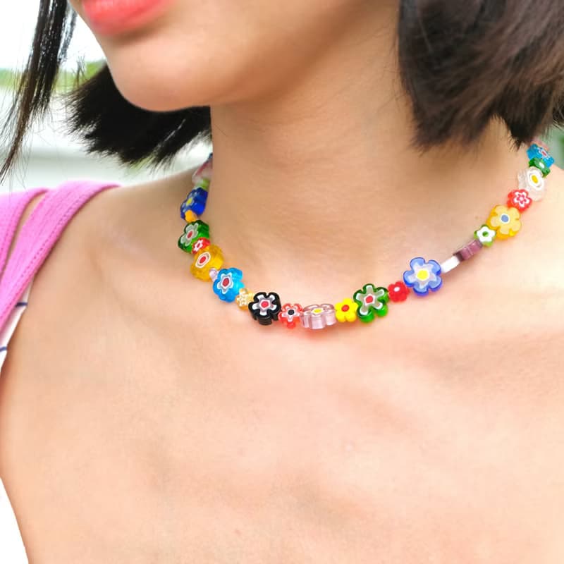 Necklace Posy • Millefiori Flower Beads •  Beaded Jewelry • Flower Chain