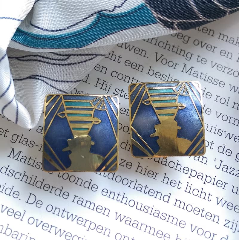 Vintage Jewelry 景泰藍 紫底方形 人物雙側臉 夾式耳環