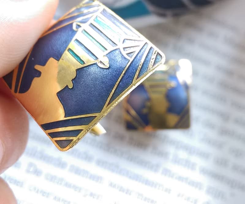 Vintage Jewelry 景泰藍 紫底方形 人物雙側臉 夾式耳環