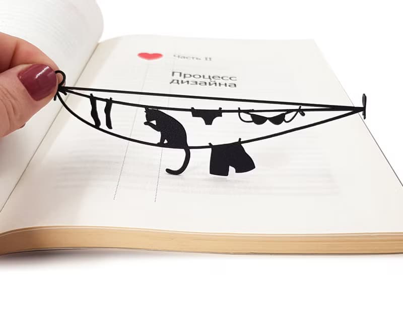 Metal book bookmark Cat Sitting on a Clothesline