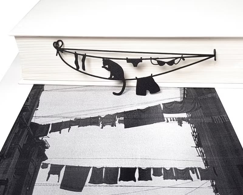 Metal book bookmark Cat Sitting on a Clothesline