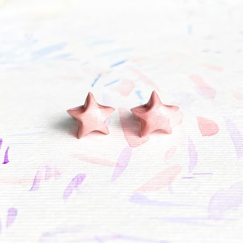 星星耳環 立體幸運星純銀耳環 | 可愛粉紅色