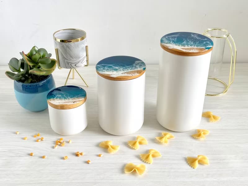 Ceramic Jar, Ceramic Canister, Resin Ocean Painting, Wedding Gift, Home Gift