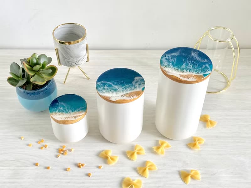 Ceramic Jar, Ceramic Canister, Resin Ocean Painting, Wedding Gift, Home Gift