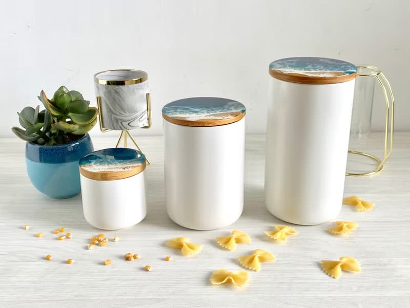 Ceramic Jar, Ceramic Canister, Resin Ocean Painting, Wedding Gift, Home Gift