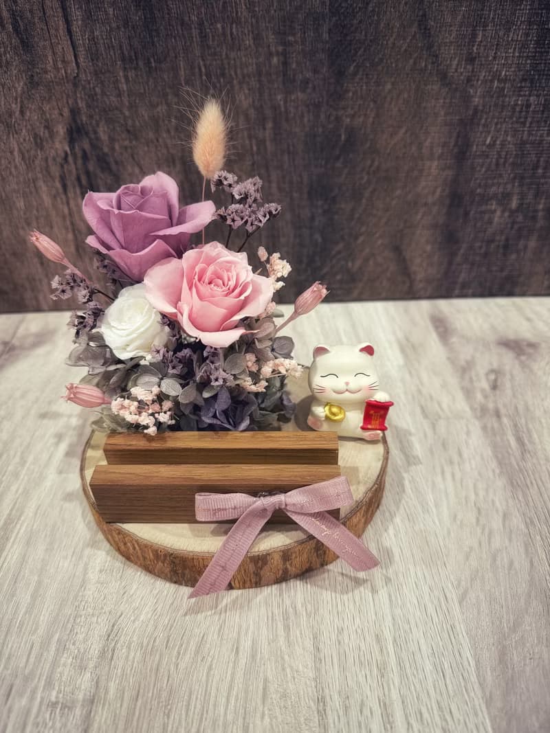 招財貓永生花名片座 乾燥花/開幕送禮/招財/玄關擺飾/升遷祝賀