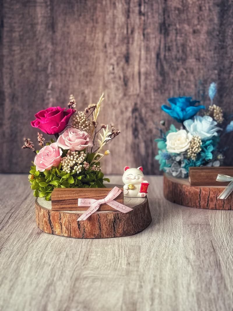 招財貓永生花名片座 乾燥花/開幕送禮/招財/玄關擺飾/升遷祝賀