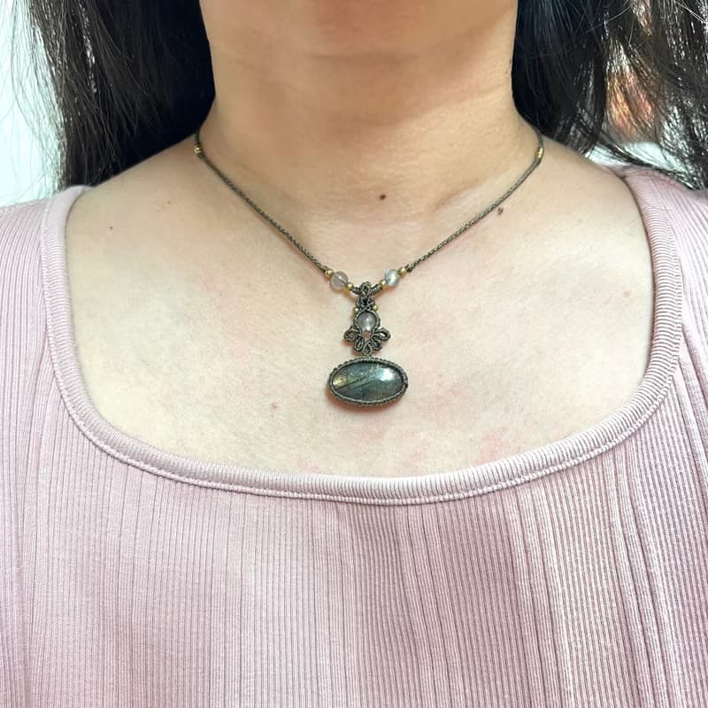 拉長石編織項鍊/橘黃綠漸層光