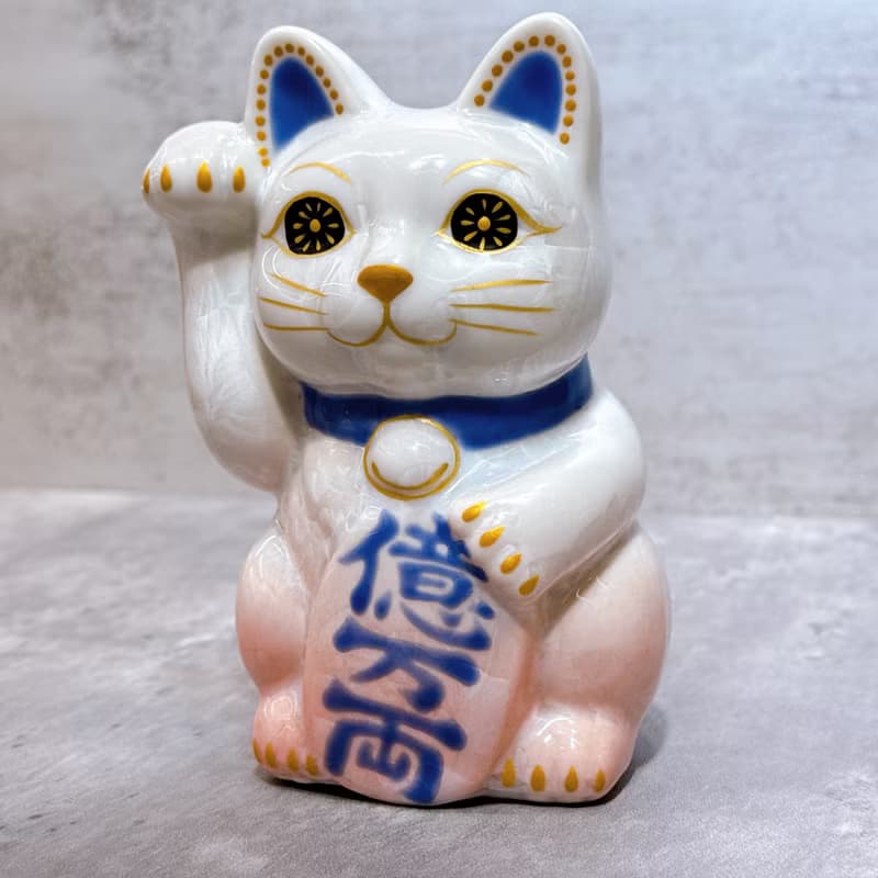 【桃耀億金】日本清水燒招財貓 | 花結晶 桃白 - 億万両 右