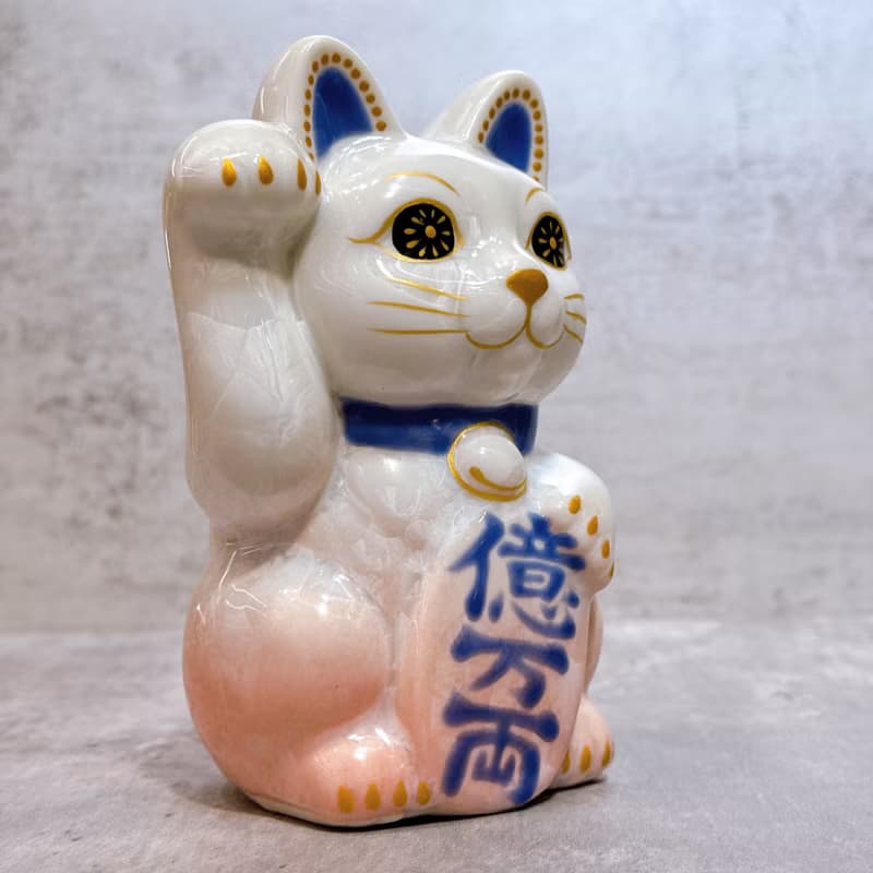 【桃耀億金】日本清水燒招財貓 | 花結晶 桃白 - 億万両 右