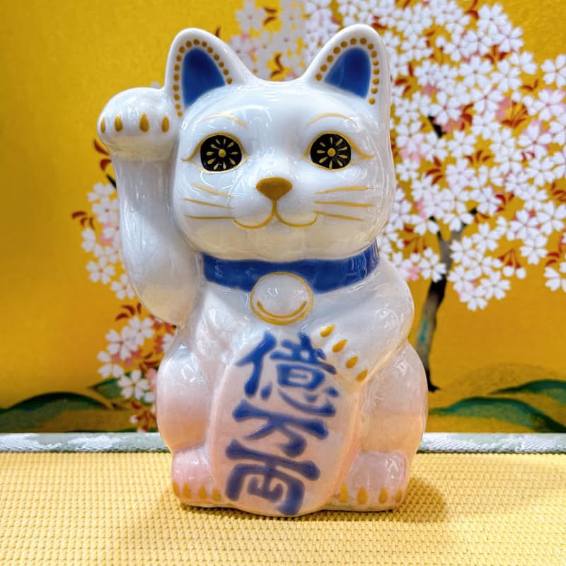 【桃耀億金】日本清水燒招財貓 | 花結晶 桃白 - 億万両 右