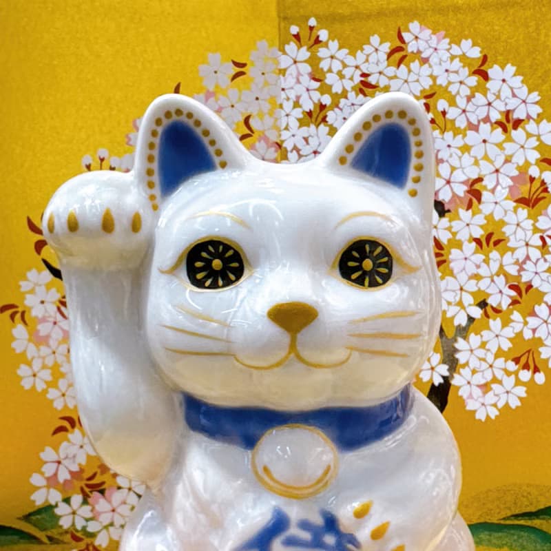 【桃耀億金】日本清水燒招財貓 | 花結晶 桃白 - 億万両 右