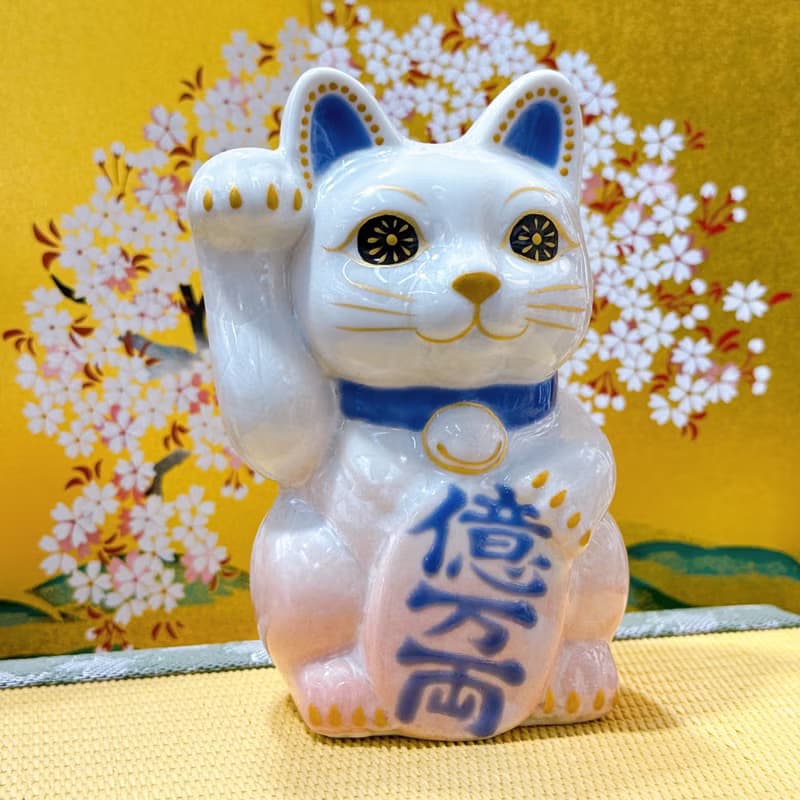 【桃耀億金】日本清水燒招財貓 | 花結晶 桃白 - 億万両 右
