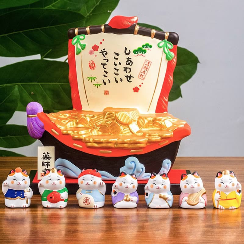 日本藥師窯寶船七福神招財貓滿願成就大當招財貓擺件開業喬遷禮物