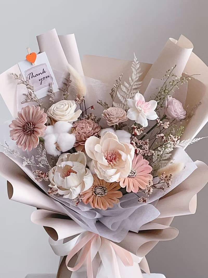 【乾燥花不凋花】粉米白色牡丹玫瑰自然風花束