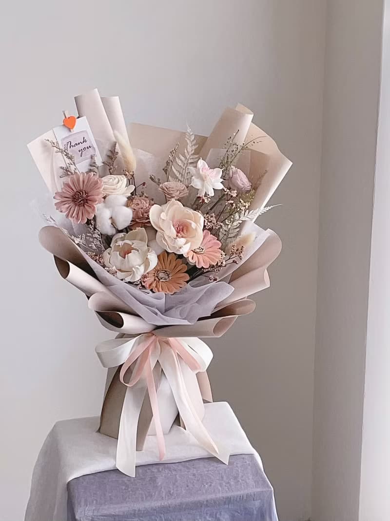 【乾燥花不凋花】粉米白色牡丹玫瑰自然風花束