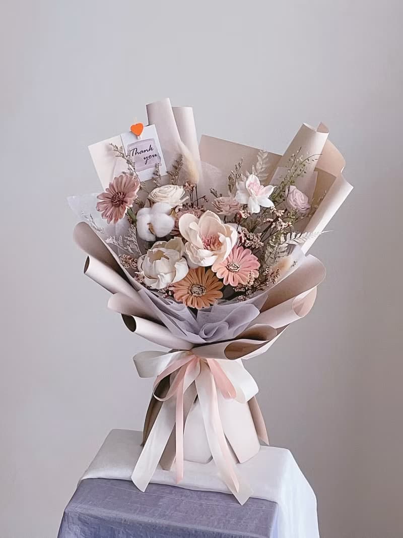 【乾燥花不凋花】粉米白色牡丹玫瑰自然風花束