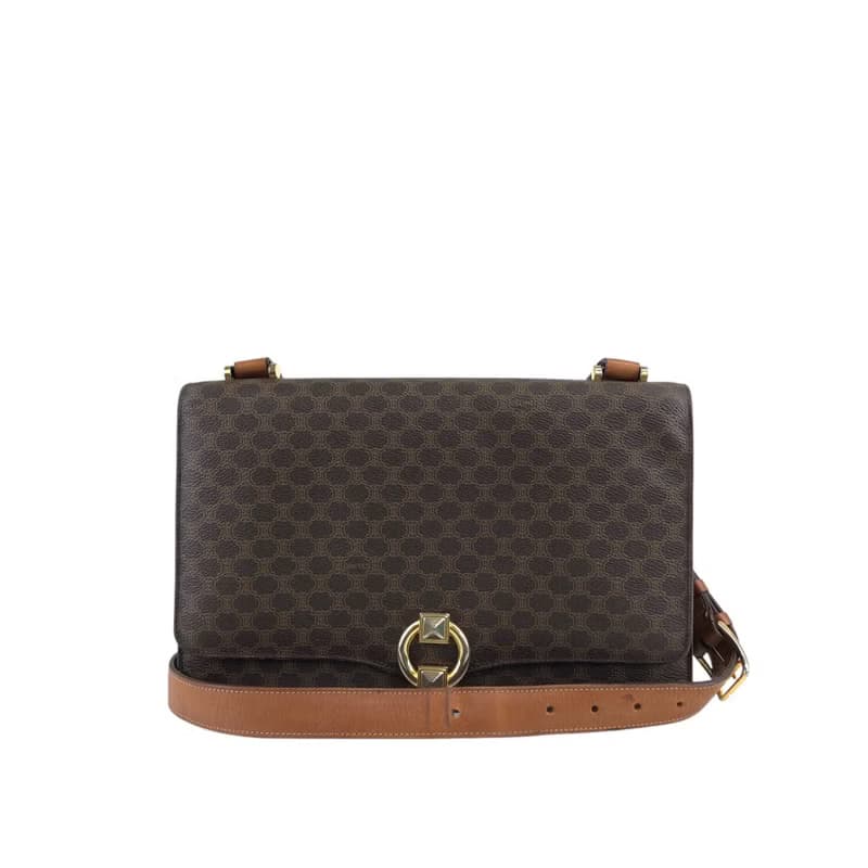 【 日本直送　名牌中古包 】CELINE セリーヌ マカダム ショルダーバッグ ブラウン モチーフ PVC レザー フラップ vintage  wagmgy