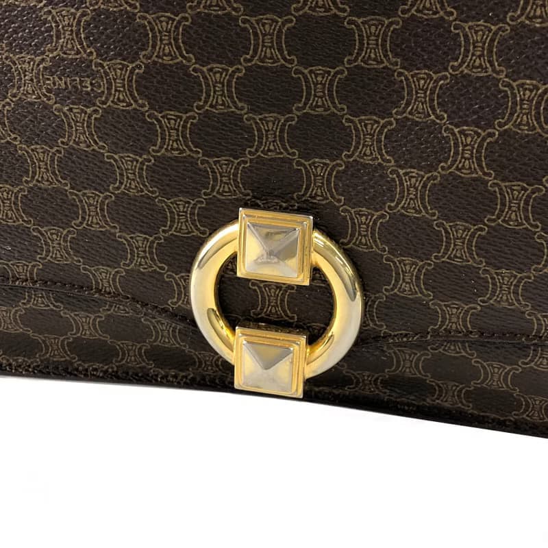 【 日本直送　名牌中古包 】CELINE セリーヌ マカダム ショルダーバッグ ブラウン モチーフ PVC レザー フラップ vintage  wagmgy