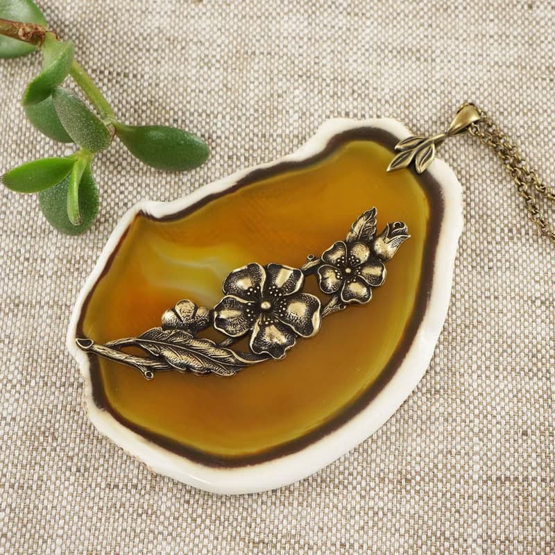 Yellow Agate Slice Slab Necklace Flower Floral Mustard Stone Pendant Jewelry