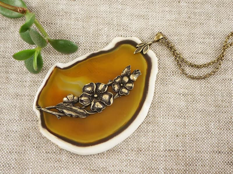 Yellow Agate Slice Slab Necklace Flower Floral Mustard Stone Pendant Jewelry