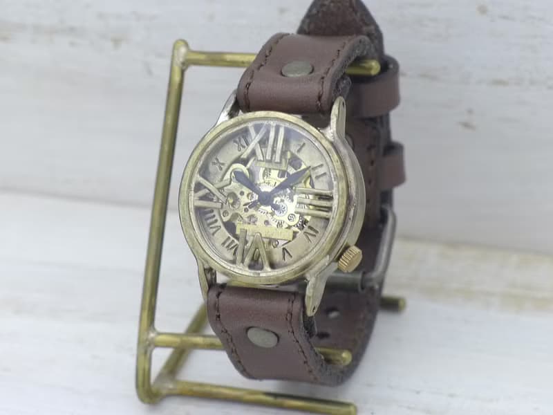 手作り腕時計 BHW120 手巻きBrass32mm ローマ数字フローティング ミシンステッチベルト