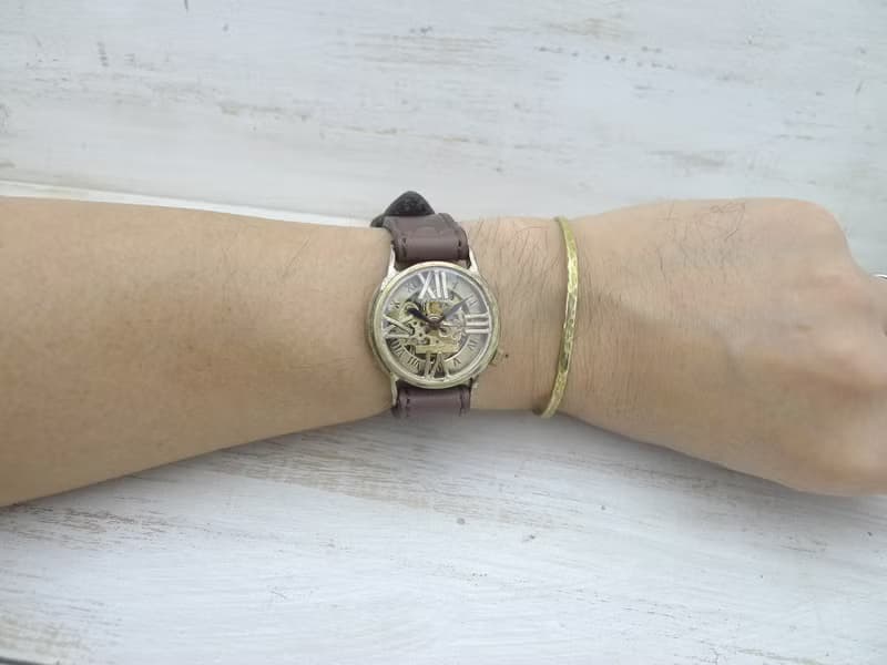 手作り腕時計 BHW120 手巻きBrass32mm ローマ数字フローティング ミシンステッチベルト