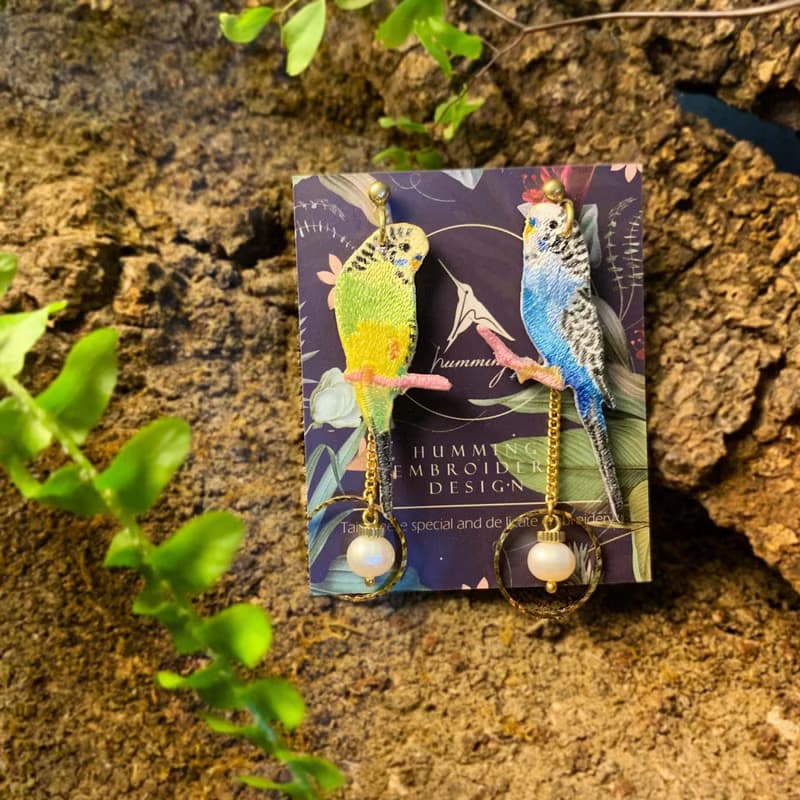 耳環 虎皮 刺繡 耳夾 鸚鵡 鳥 手工 珍珠 生日 禮物 禮盒