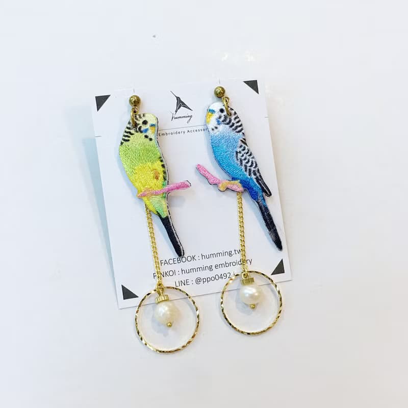 耳環 虎皮 刺繡 耳夾 鸚鵡 鳥 手工 珍珠 生日 禮物 禮盒