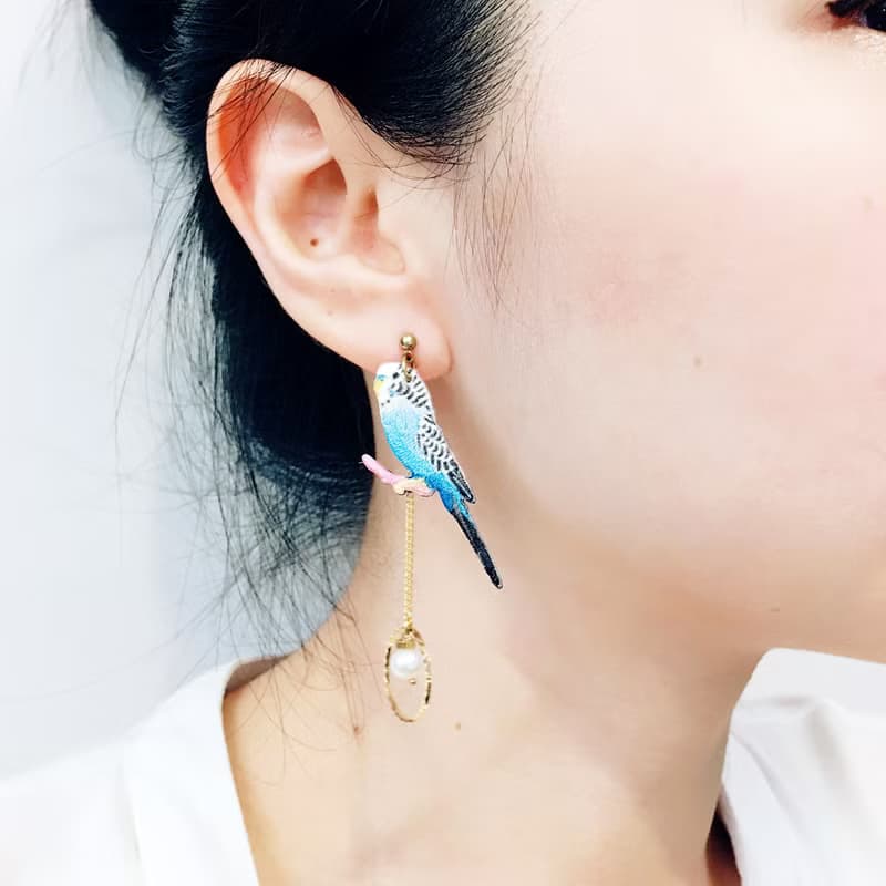 耳環 虎皮 刺繡 耳夾 鸚鵡 鳥 手工 珍珠 生日 禮物 禮盒