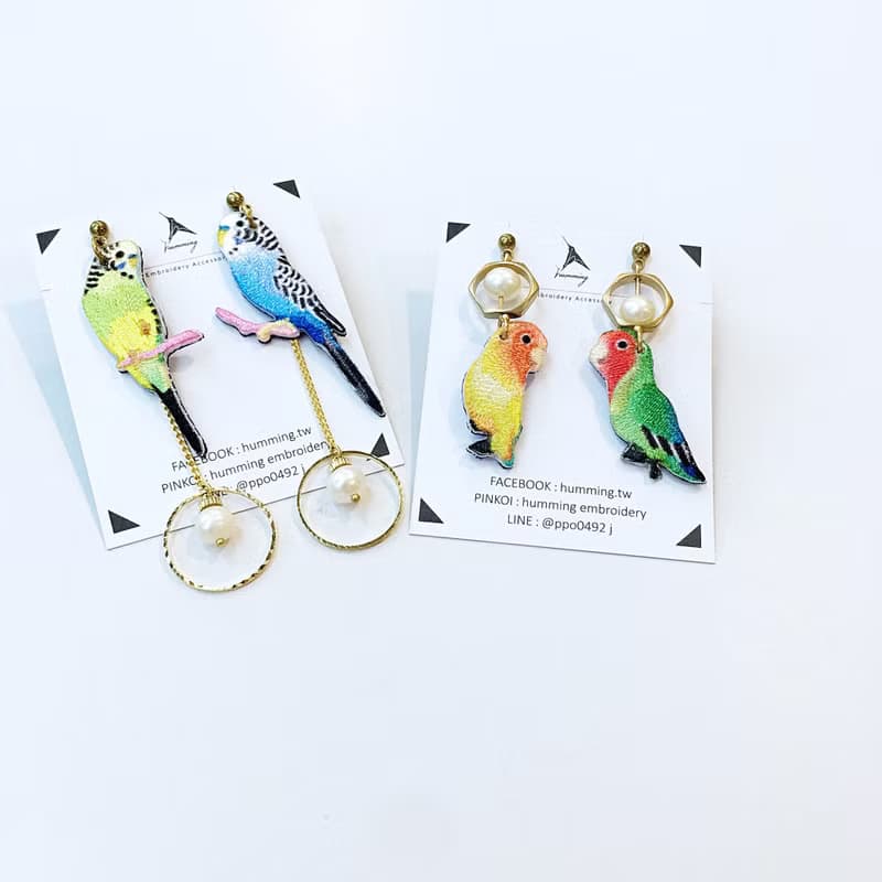 耳環 虎皮 刺繡 耳夾 鸚鵡 鳥 手工 珍珠 生日 禮物 禮盒
