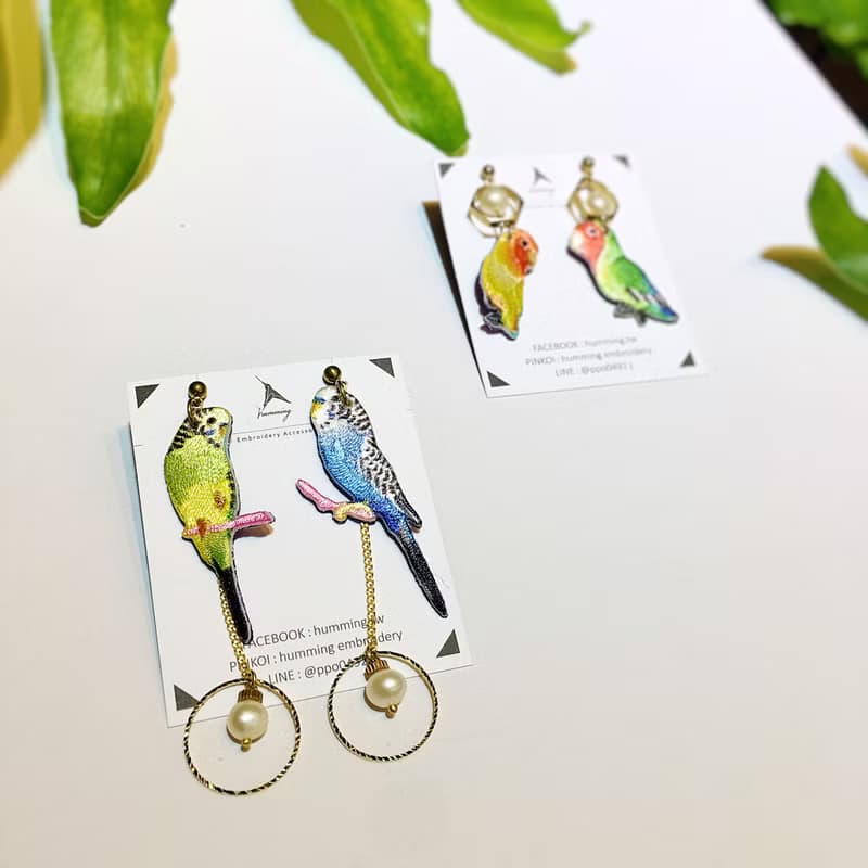 耳環 虎皮 刺繡 耳夾 鸚鵡 鳥 手工 珍珠 生日 禮物 禮盒