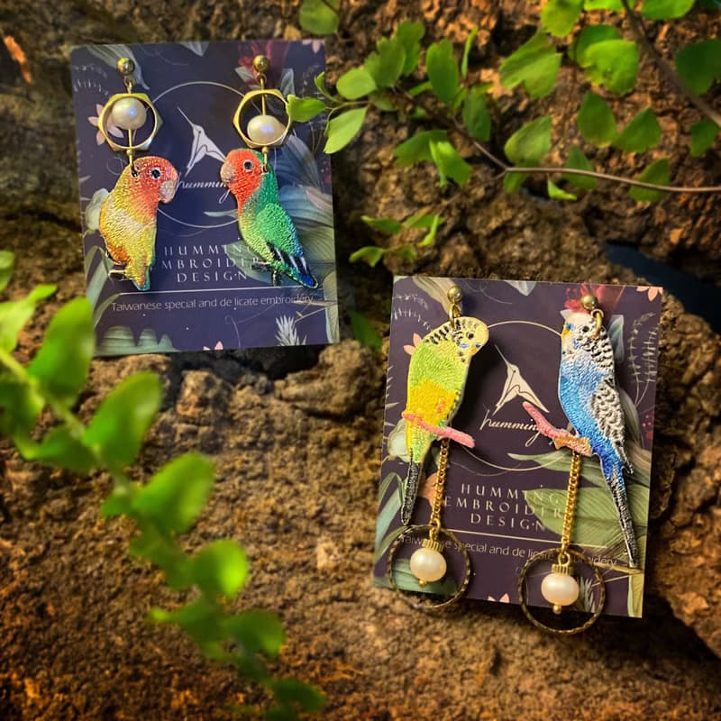 耳環 虎皮 刺繡 耳夾 鸚鵡 鳥 手工 珍珠 生日 禮物 禮盒