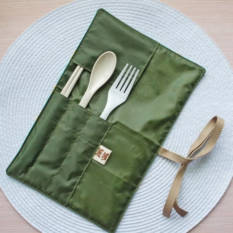 Lovely日本布【動物麵包捲軸餐具袋、綠】工具袋、筆袋【裡防水】