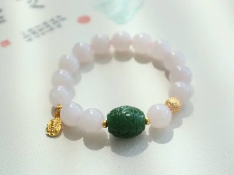 天然藕粉和田玉手鏈 青海老料 水頭十足 清新粉糯 碧玉回紋珠