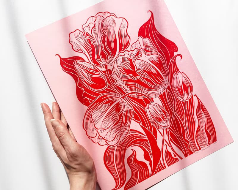 Pink & Red Tulips Flower Linocut Print Spring Wall Art Original Artwork Decor