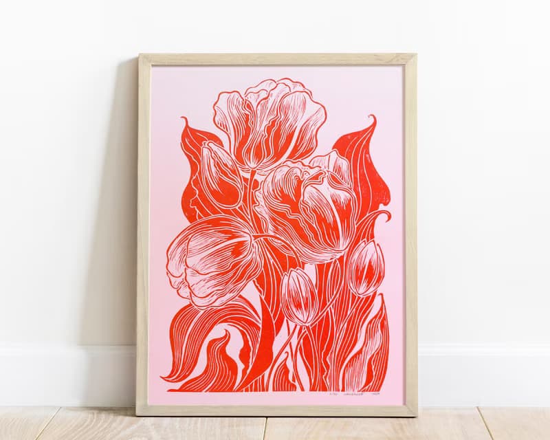 Pink & Red Tulips Flower Linocut Print Spring Wall Art Original Artwork Decor