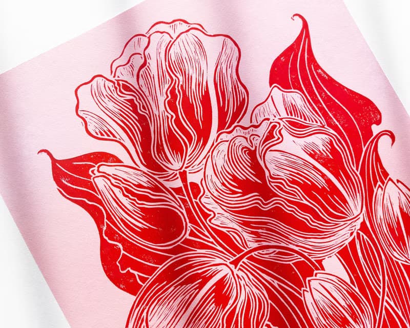 Pink & Red Tulips Flower Linocut Print Spring Wall Art Original Artwork Decor
