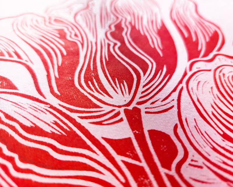 Pink & Red Tulips Flower Linocut Print Spring Wall Art Original Artwork Decor