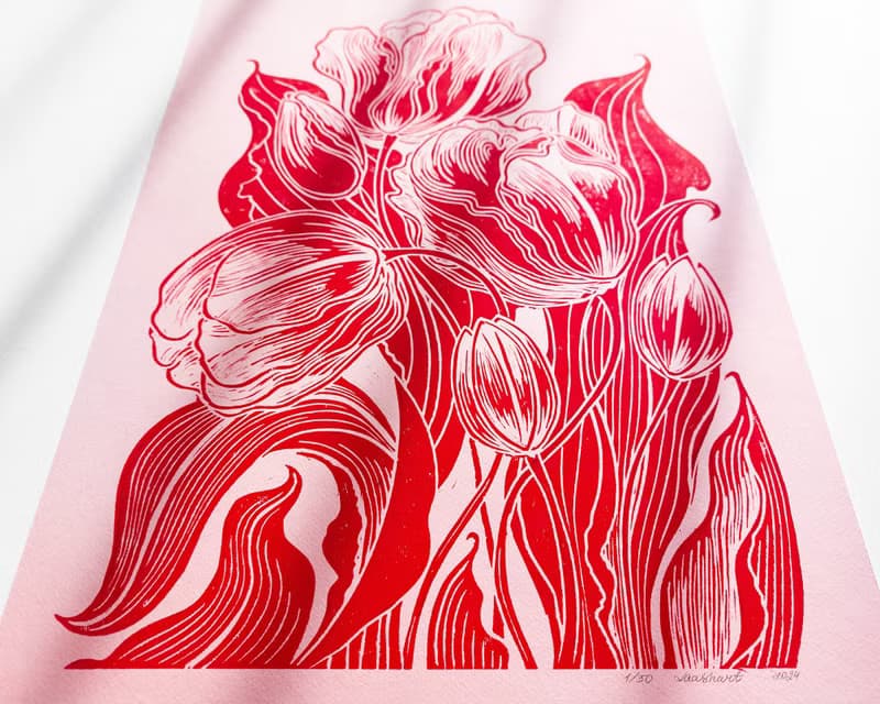 Pink & Red Tulips Flower Linocut Print Spring Wall Art Original Artwork Decor
