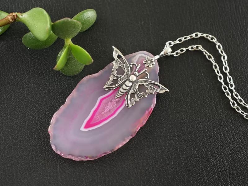 Pink Fuchsia Agate Slice Slab Silver Butterfly Pendant Necklace Woman Jewelry