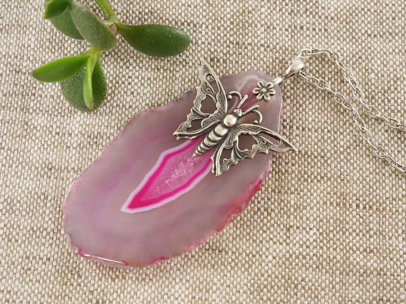 Pink Fuchsia Agate Slice Slab Silver Butterfly Pendant Necklace Woman Jewelry