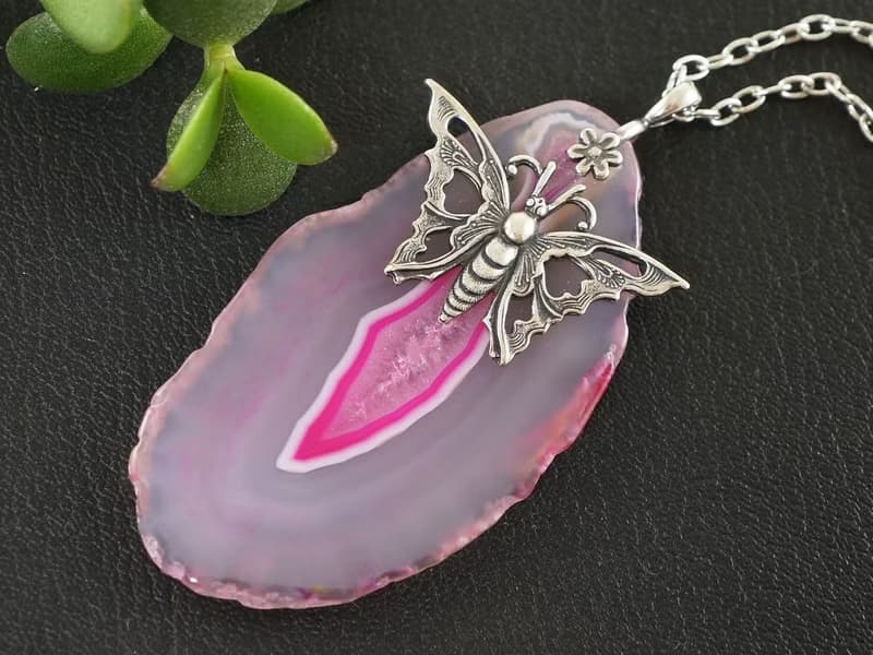 Pink Fuchsia Agate Slice Slab Silver Butterfly Pendant Necklace Woman Jewelry