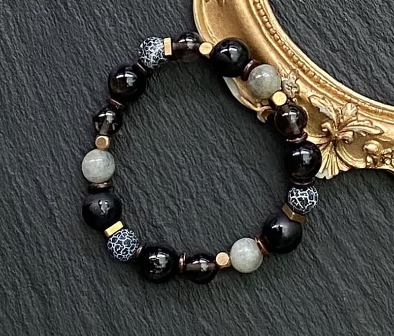 農曆七月避邪保平安-金曜石x黑曜石x風化瑪瑙x六字箴言x白閃光石